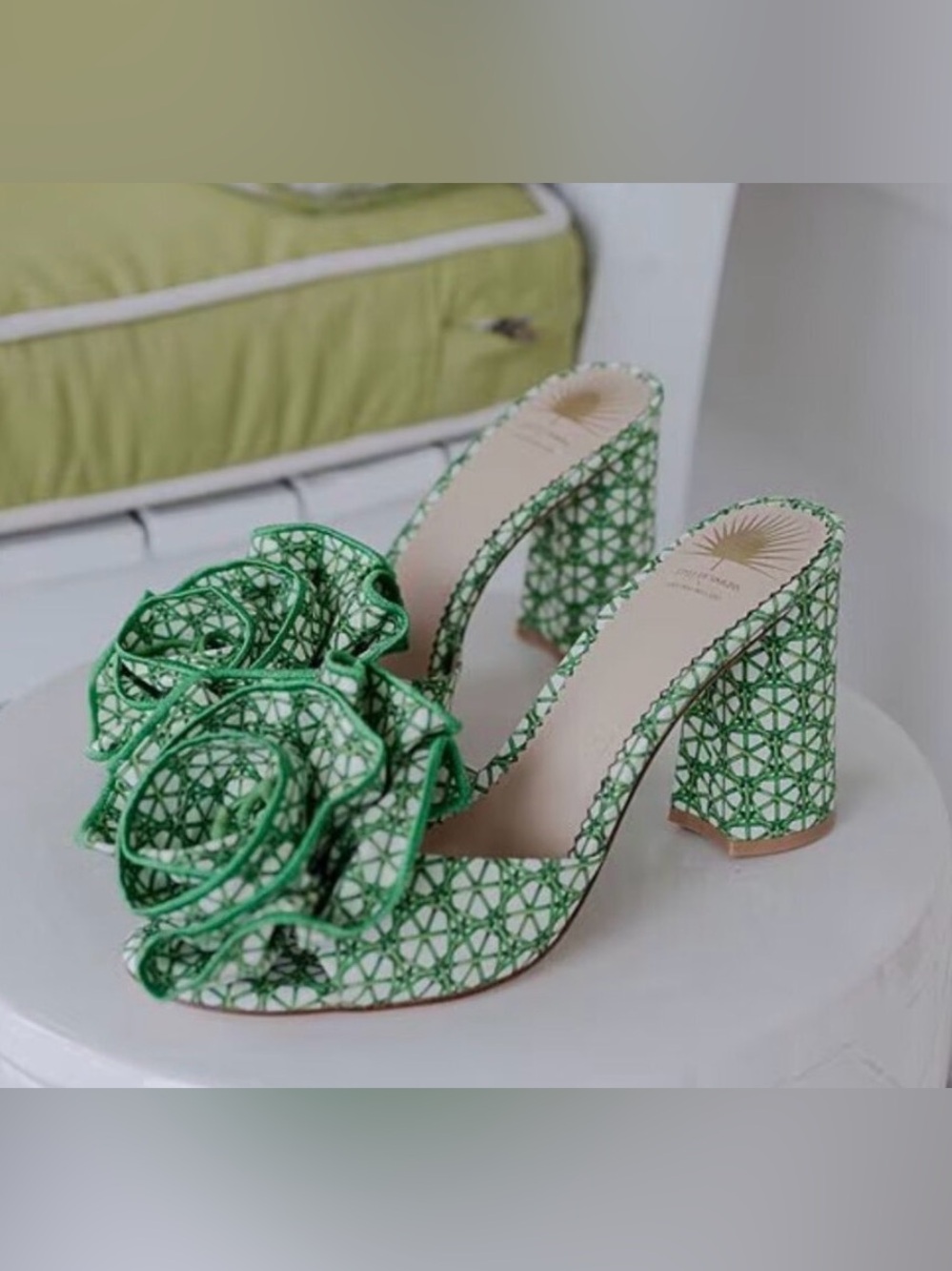 ANTONIO MELANI Green Woven Floral Accent Block Heel Sandals